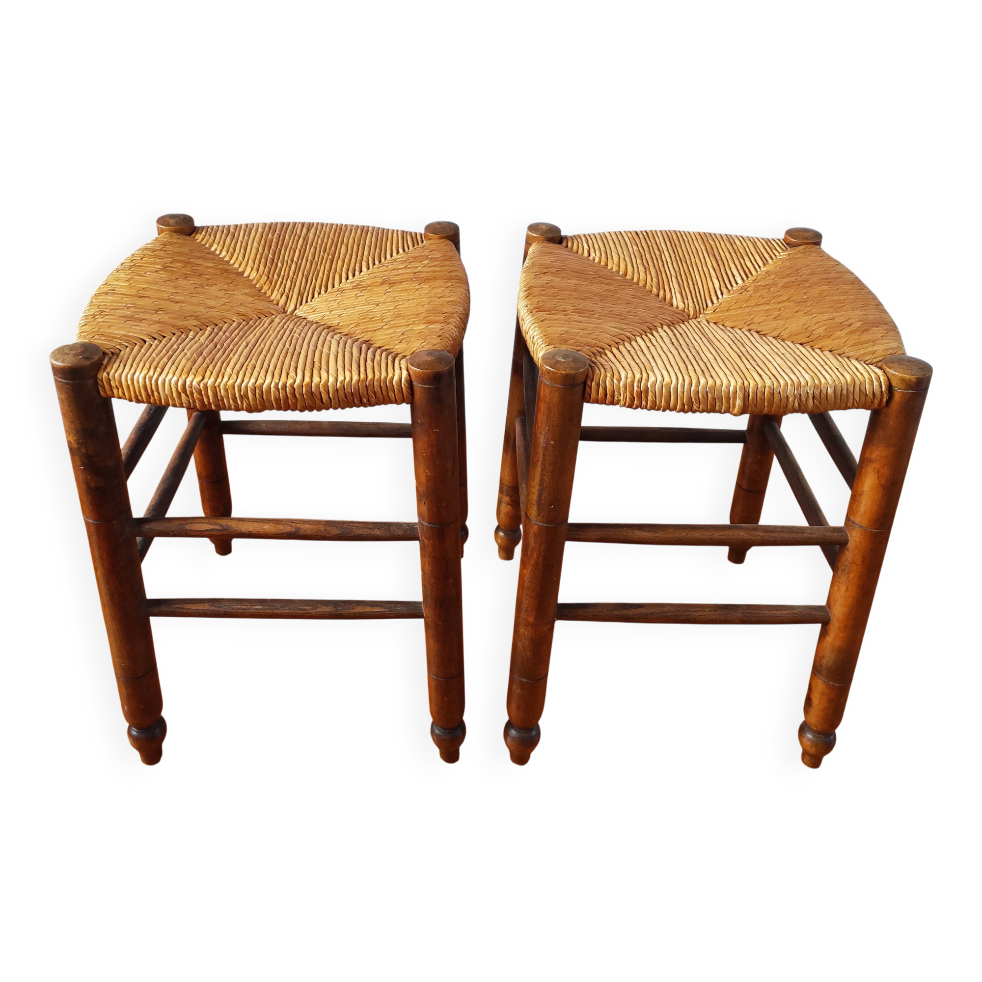 Pair of stools with straw seats, 1960
