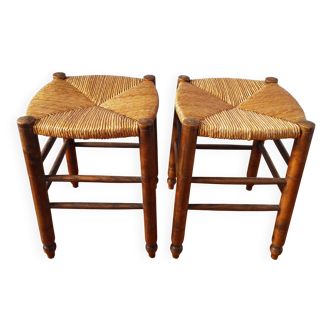 Paire de tabourets assise en paille 1960