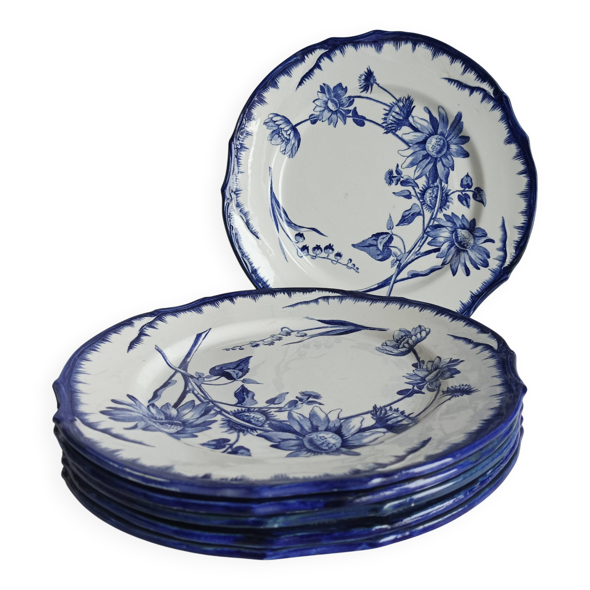 6 antique plates Creil & Montereau Sunflower model blue – 19th century