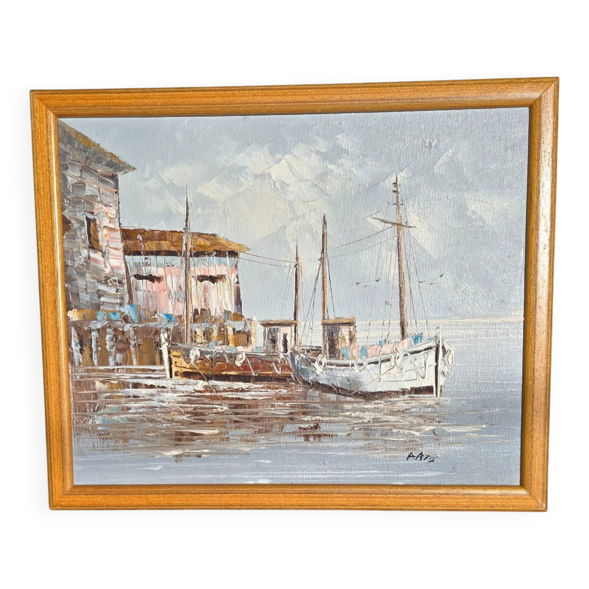 Original signed framed oil painting Fishing Wharf Port
