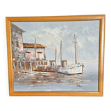 Peinture à l'huile encadrée originale signée "Quai de pêche port"