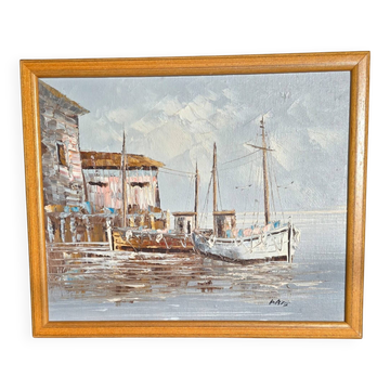 Original signed framed oil painting Fishing Wharf Port