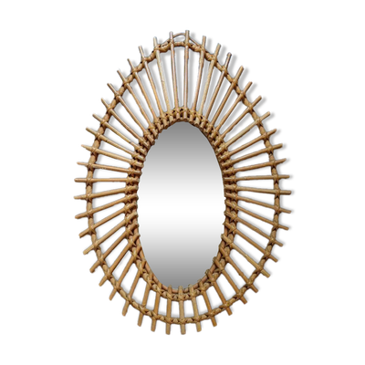 Miroir soleil asymétrique vintage rotin osier bambou artisanal scandinave