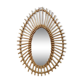 Miroir soleil asymétrique vintage rotin osier bambou artisanal scandinave