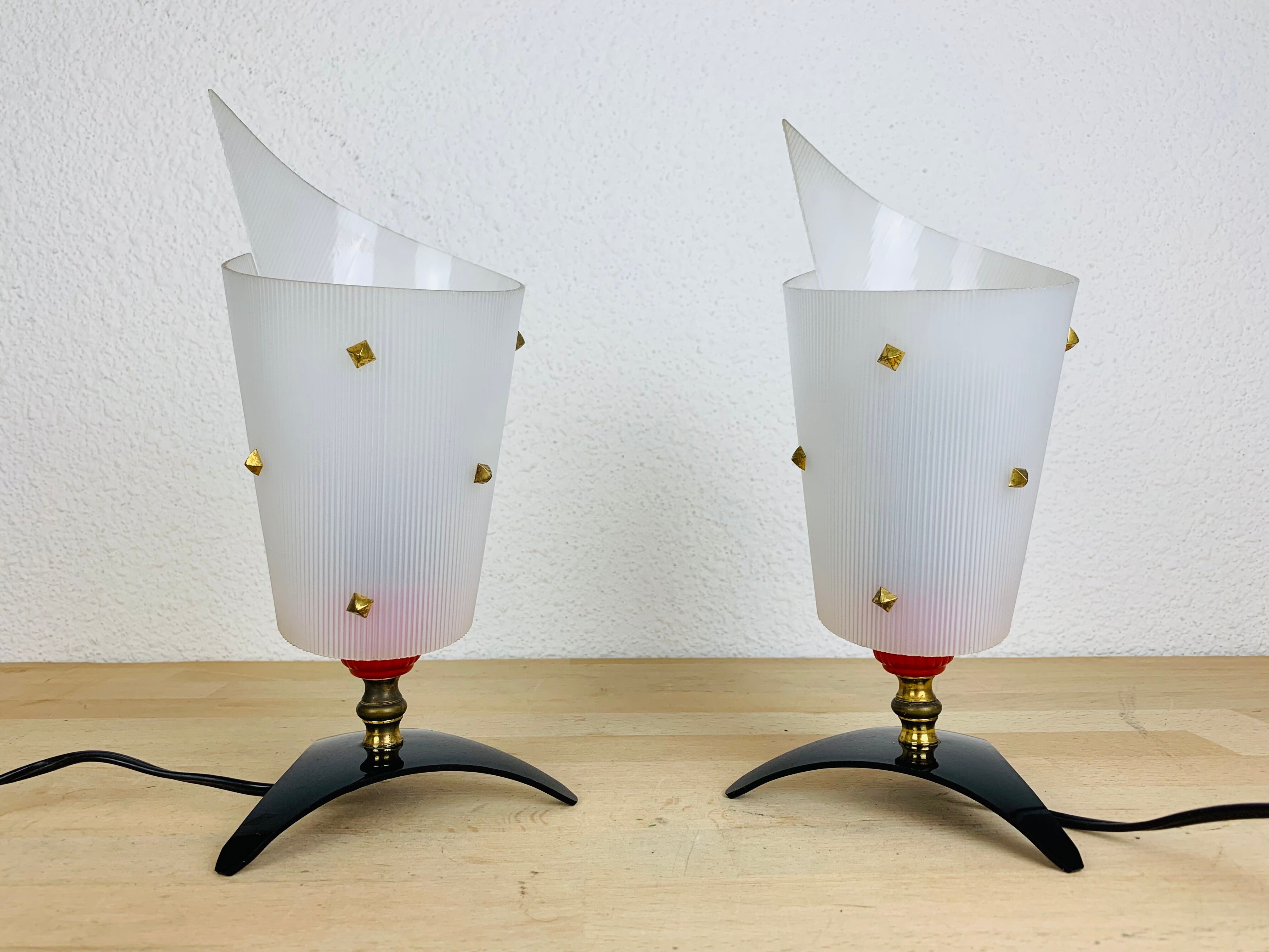 Pair of 50s plastic brass bedside lamps