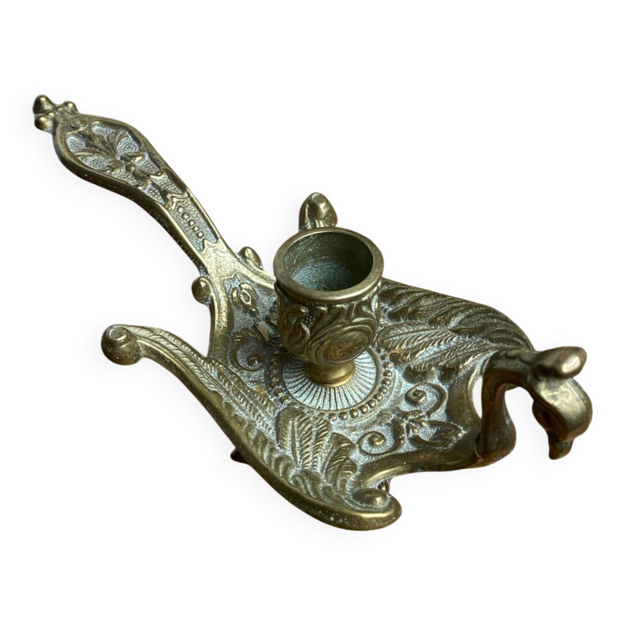 Hand candlestick, peacock shape, in bronze