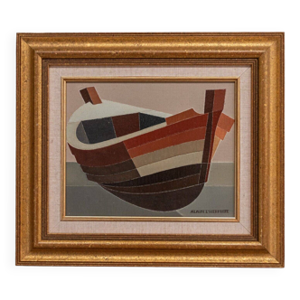 Oil on canvas by Alain L'Hermitte representing a golden frame boat