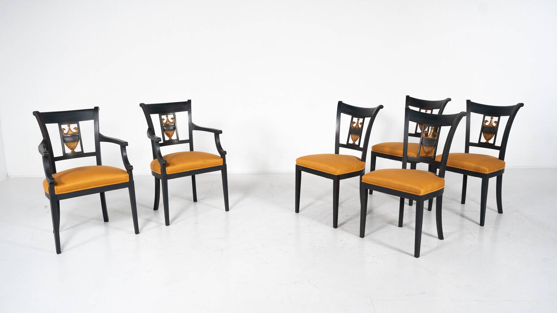 Set of 2 Black and Gold Armchairs and 4 Chairs, Empire style