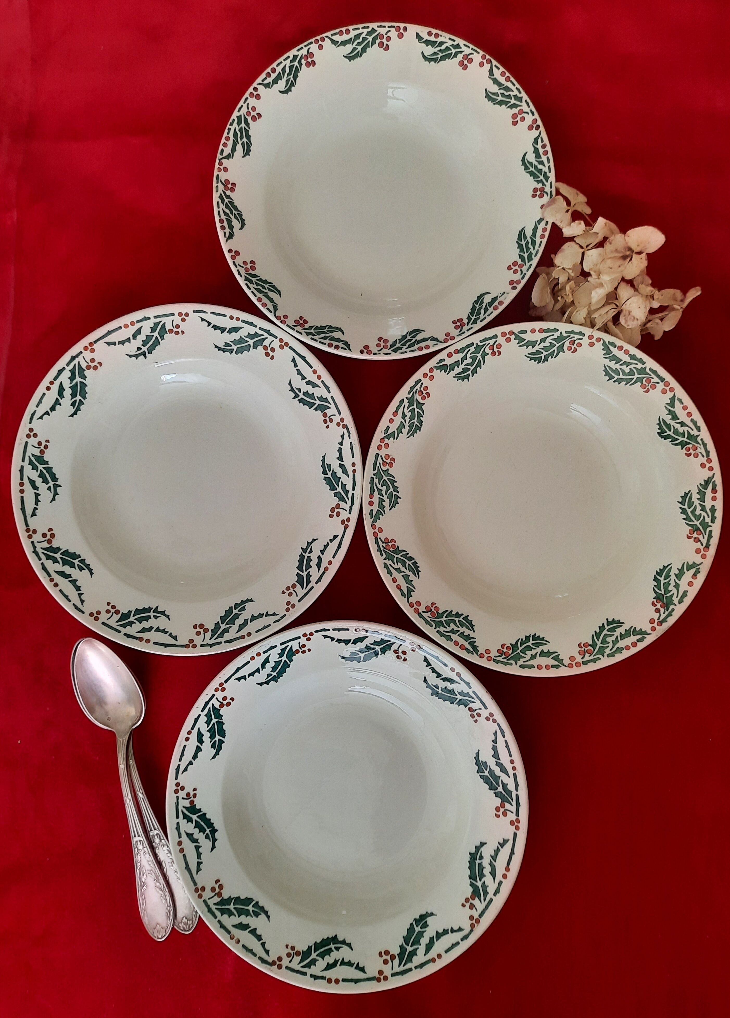 Flat, dessert, hollow plates and tureen in old earthenware