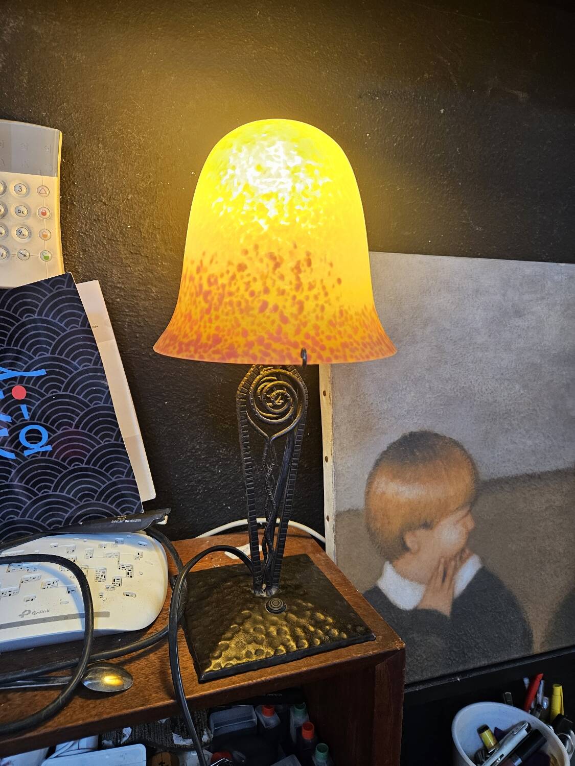 Antique art deco metal and glass lamp