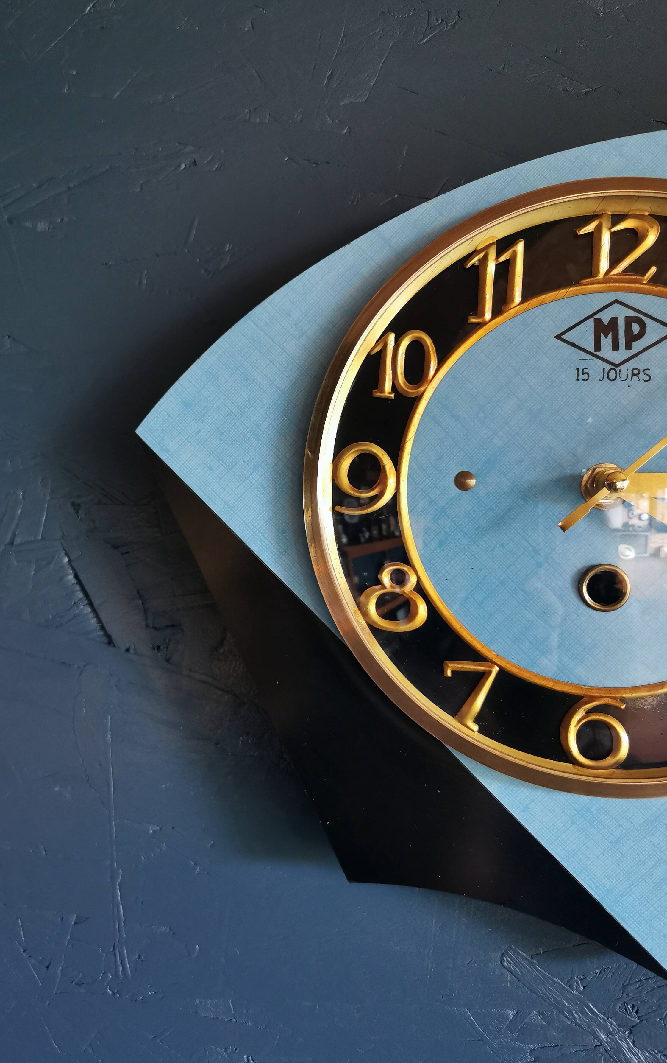 Vintage formica clock silent asymmetrical wall pendulum "MP blue black"