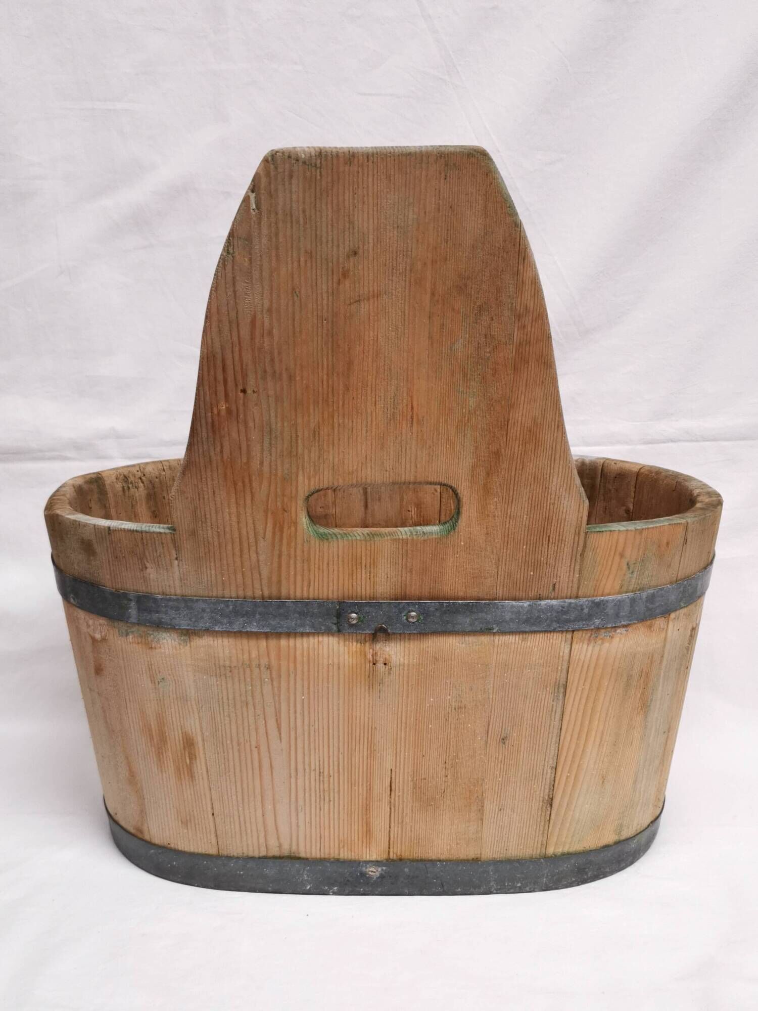 Tub / seille in laid, old swiss wooden cache pot planter, savoie
