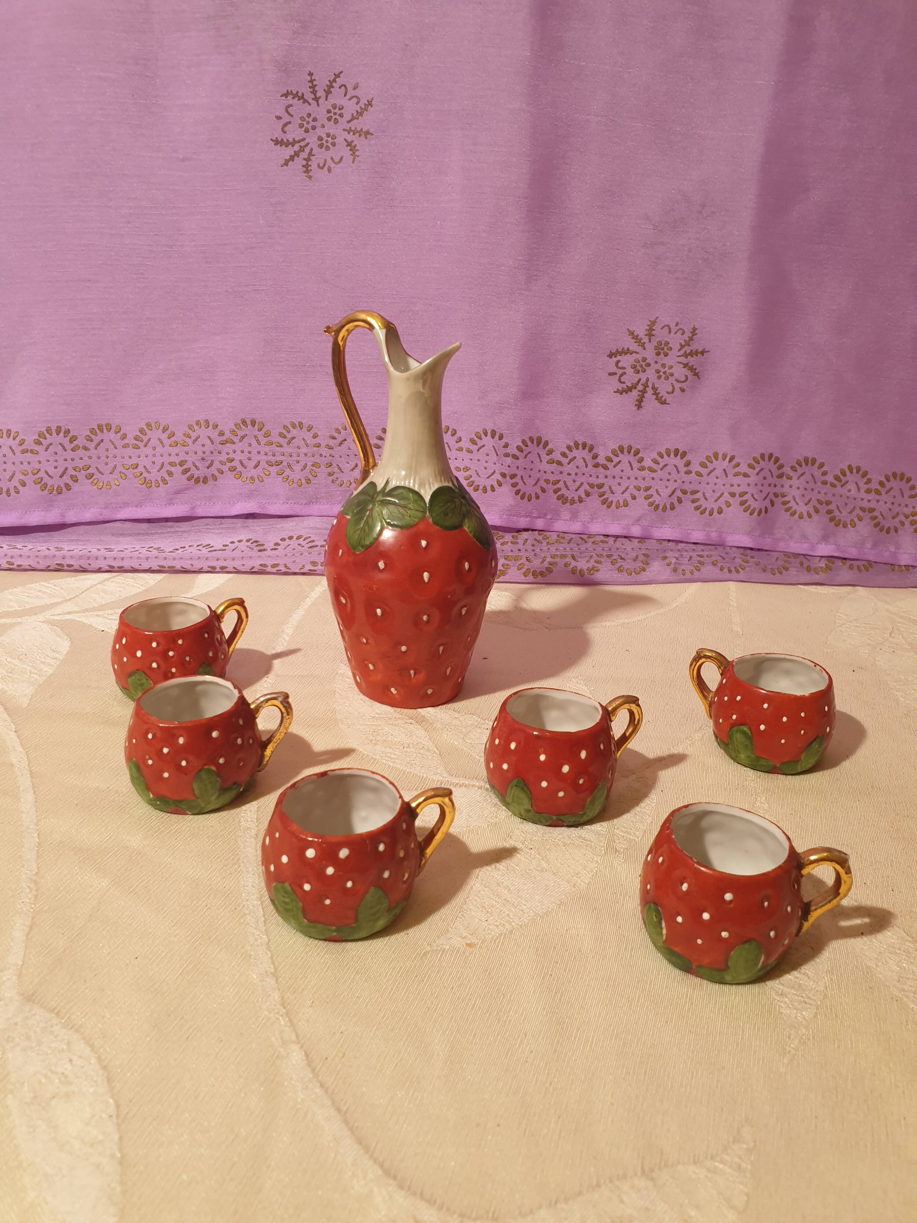 Old strawberry liqueur service carafe 6 small porcelain cups biscuit barbotine