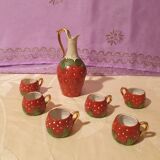 Old strawberry liqueur service carafe 6 small porcelain cups biscuit barbotine