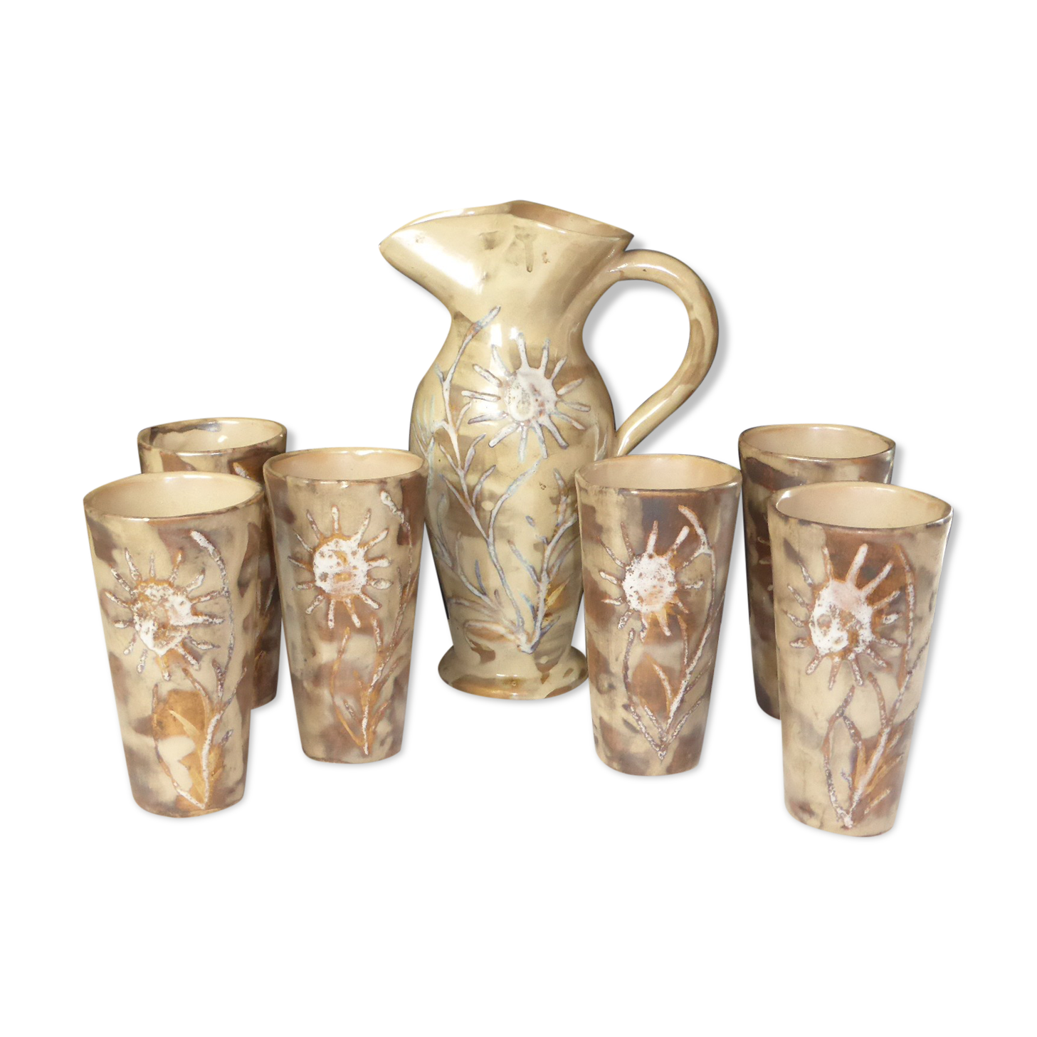 Vintage orangeade service in ceramic greige with decoration of a flower, 70s