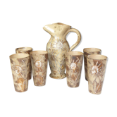 Vintage orangeade service in ceramic greige with decoration of a flower, 70s