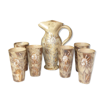 Vintage orangeade service in ceramic greige with decoration of a flower, 70s