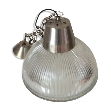 Industrial glass and metal pendant light
