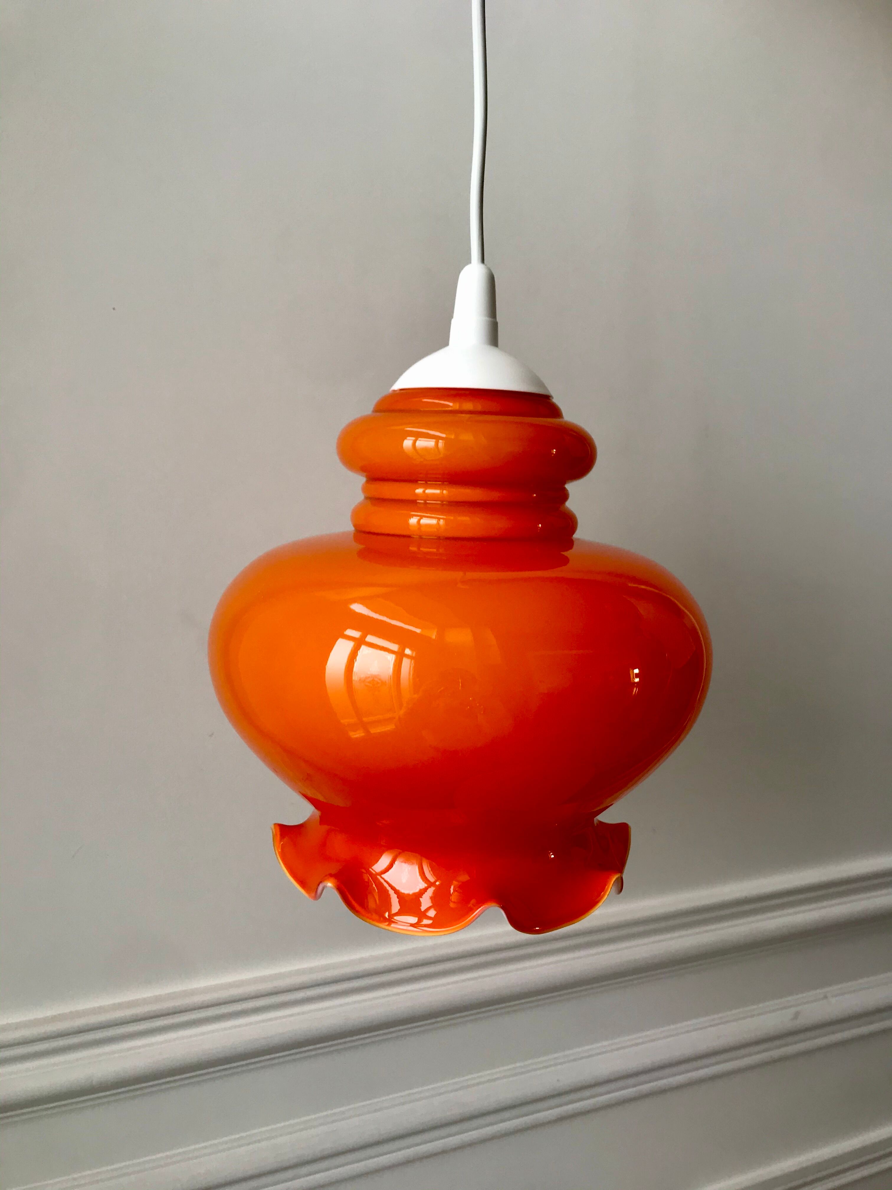 Orange opaline suspension lamp 70s