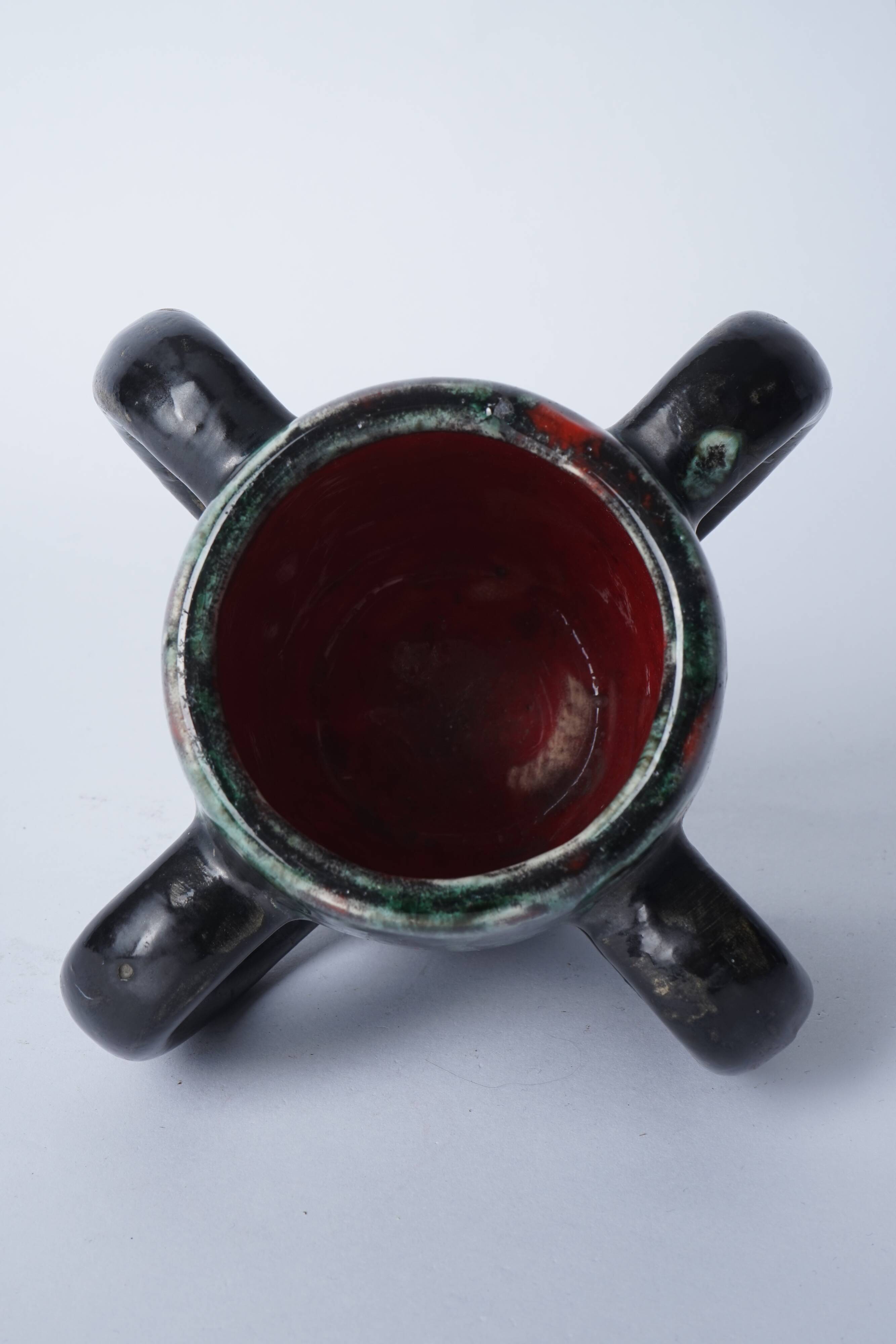 Mug with 4 hanses grey, green interior Red