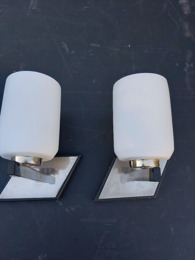 Pair of vintage metal and opaline wall light