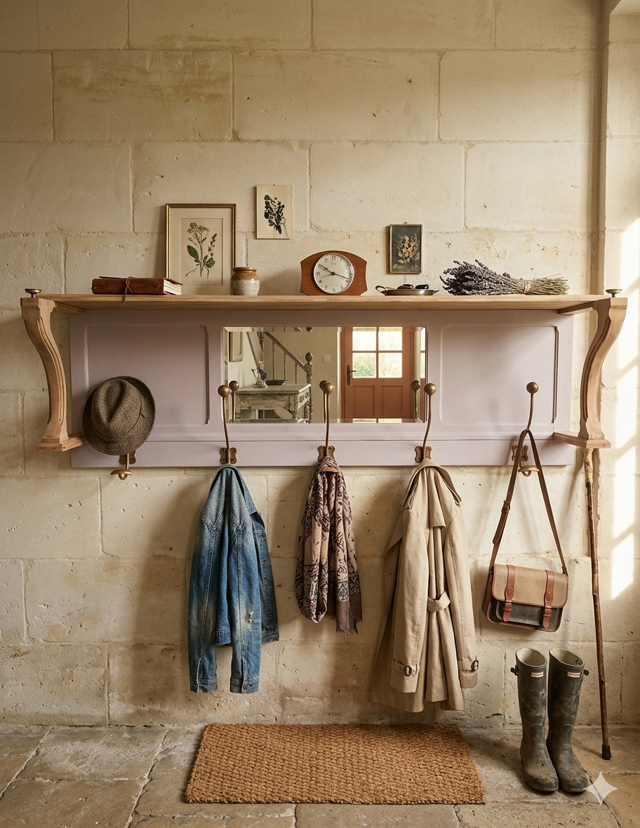 Coat rack or wall-mounted entrance wardrobe with scroll arms and antique hooks.