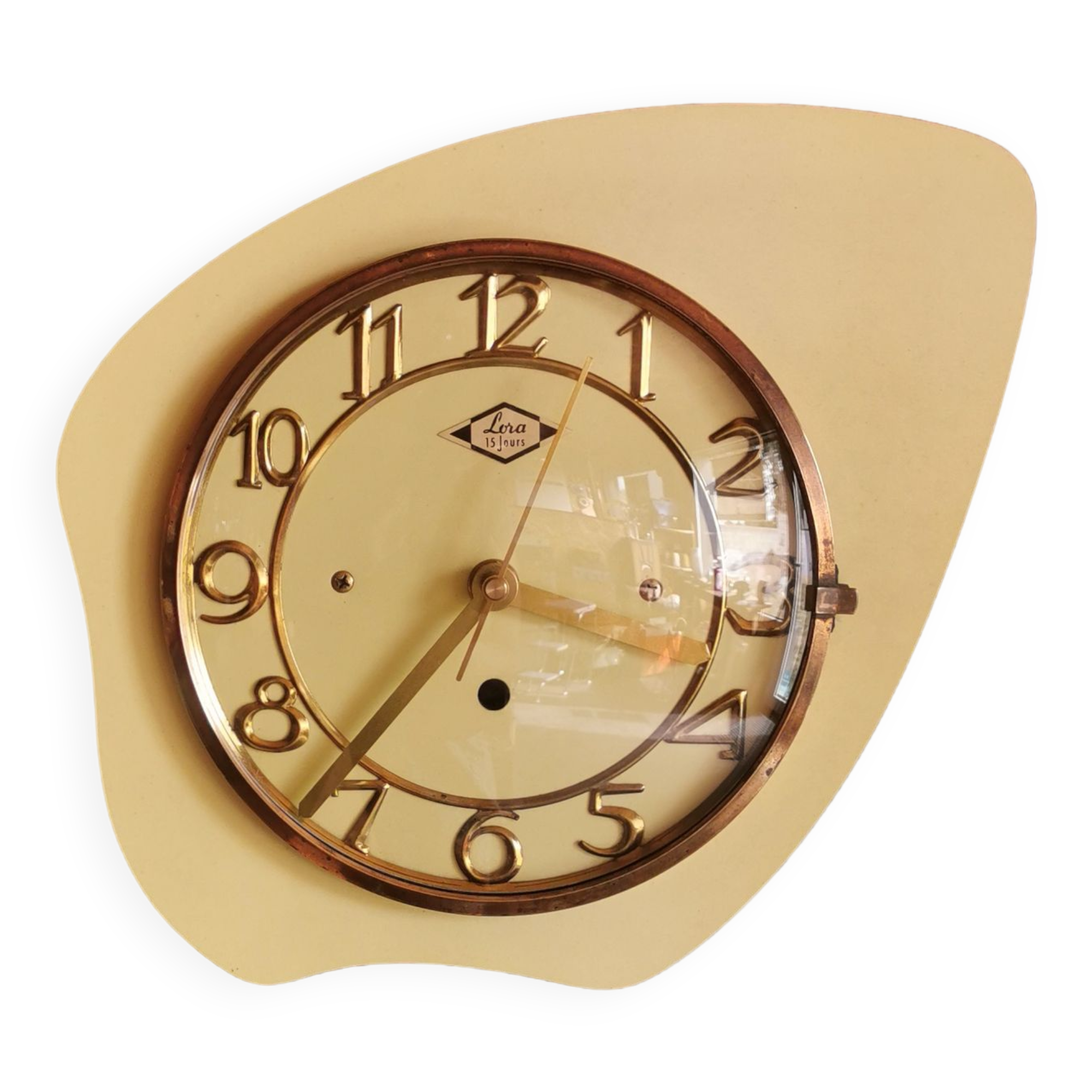 Vintage Formica clock silent asymmetrical wall pendulum "Yellow Lora"