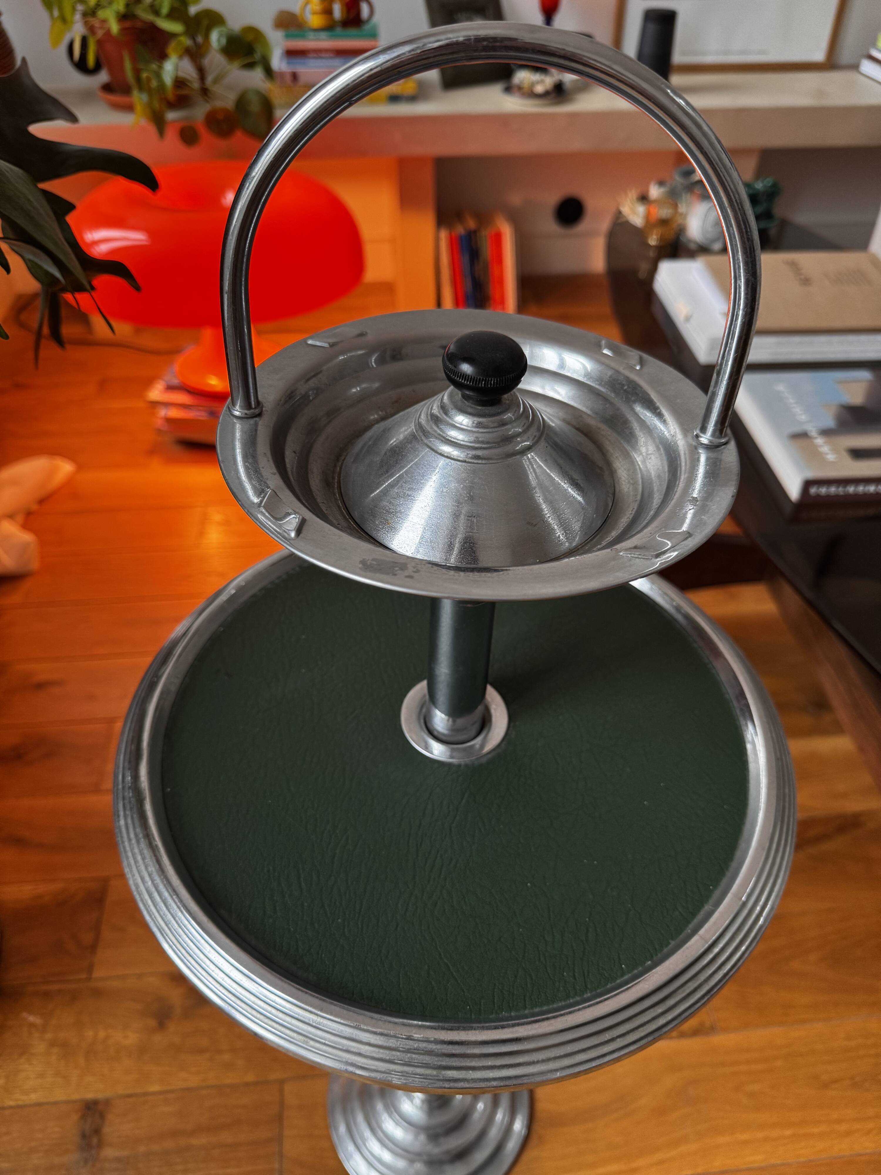 Modernist metal and leather standing ashtray