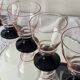 6 large Art Deco pink wine or water glasses with black stems, 17 cl.