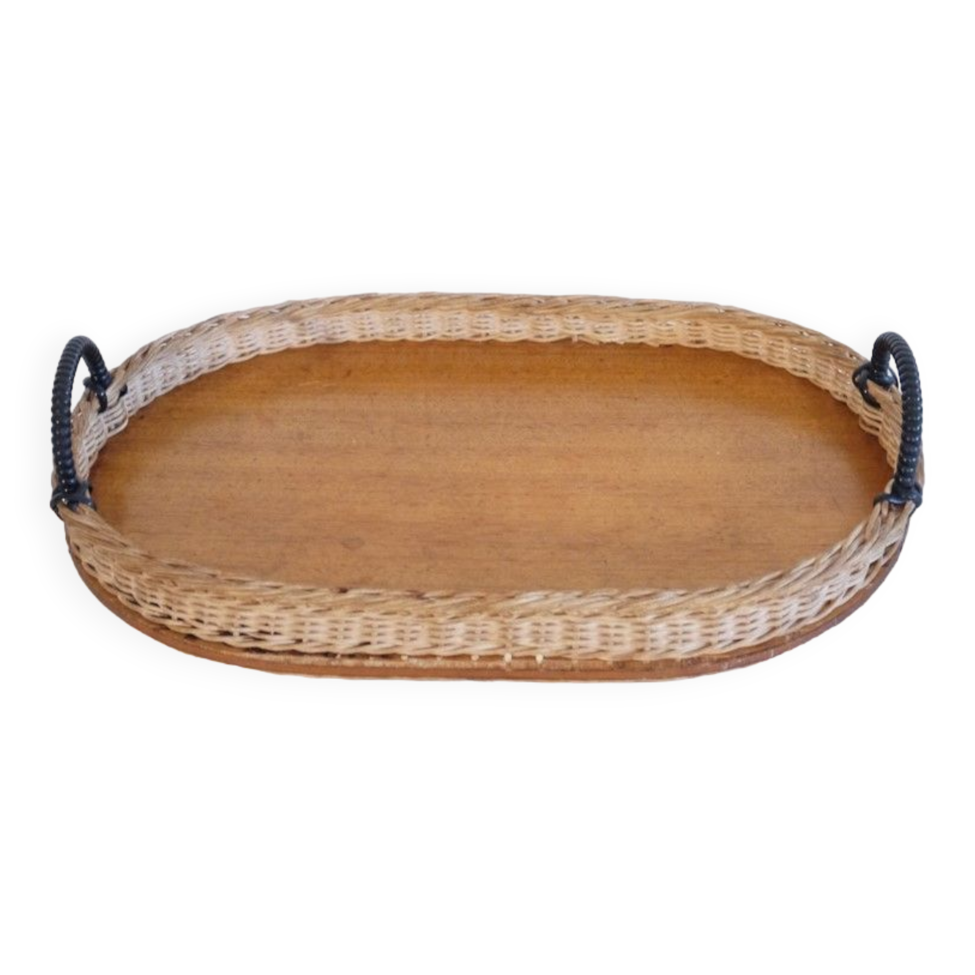 Vintage Scandinavian teak and rattan tray 1960