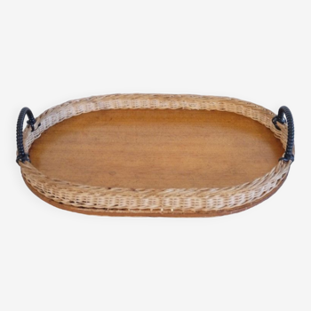 Vintage Scandinavian teak and rattan tray 1960