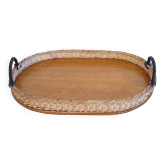 Vintage Scandinavian teak and rattan tray 1960