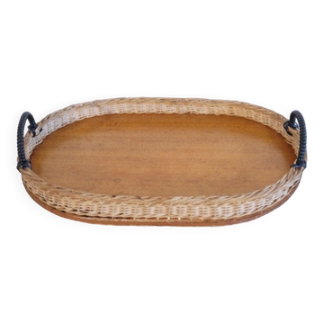 Plateau vintage scandinave en teck et rotin 1960