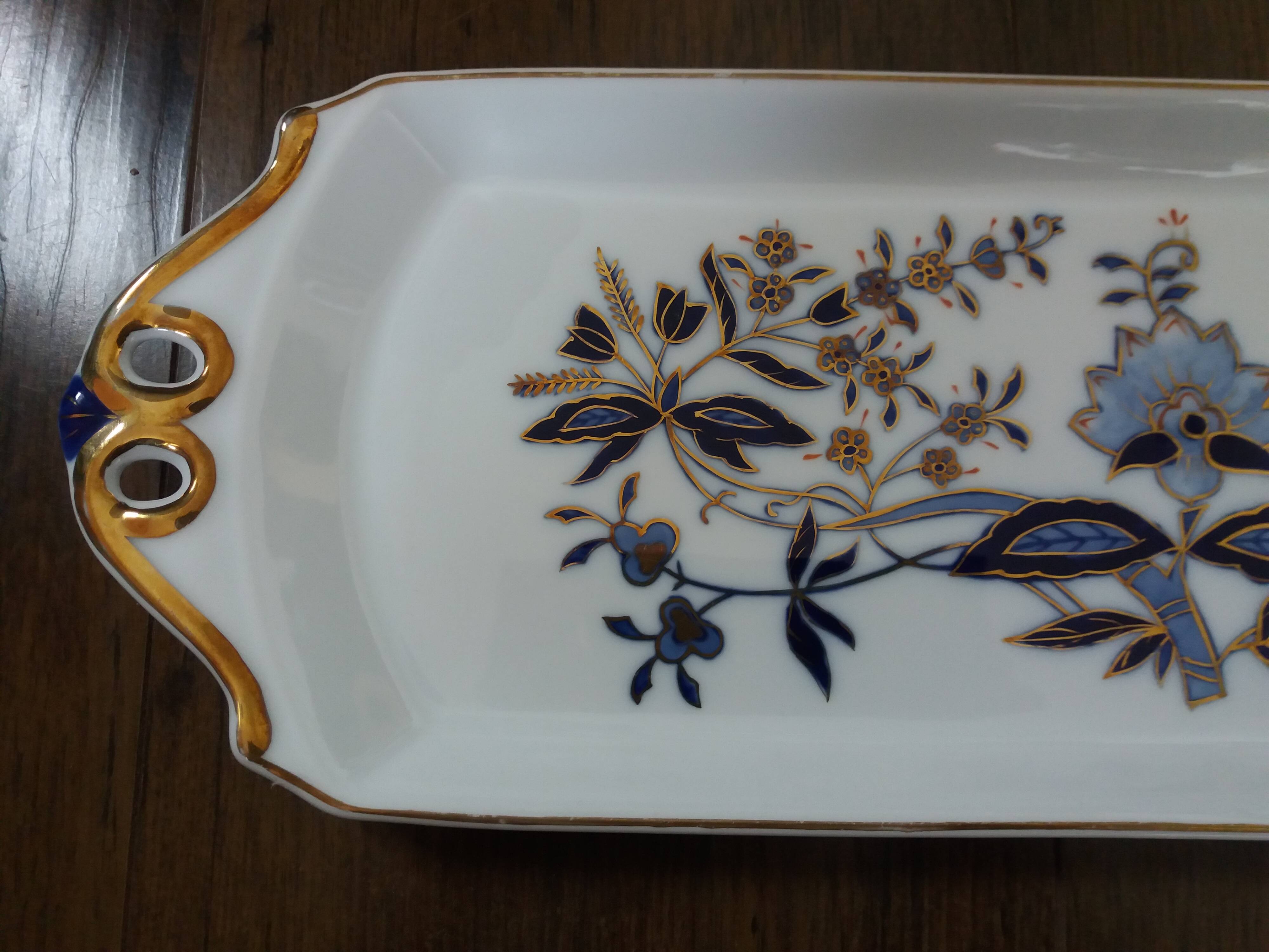 Victoria rectangular tray, hand-painted blue and gold porcelain decoration