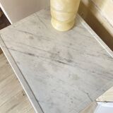 Bedside table / nightstand in pitchpin pine wood and bamboo with marble top
