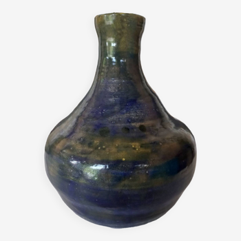 Vase céramique émaillée reflets bleus 1970
