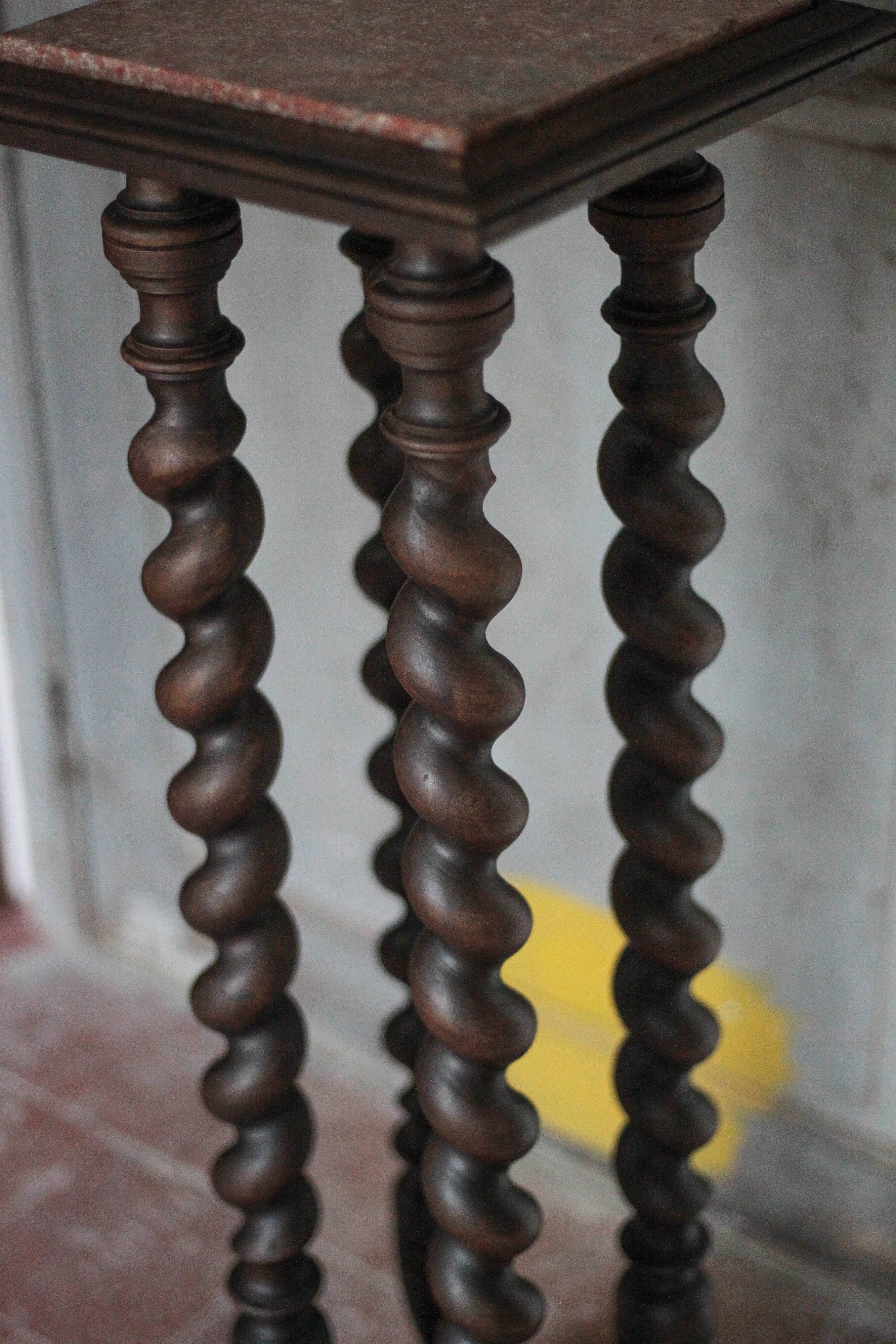 Vintage wood and marble side table, Louis XIII style turned wood pedestal table