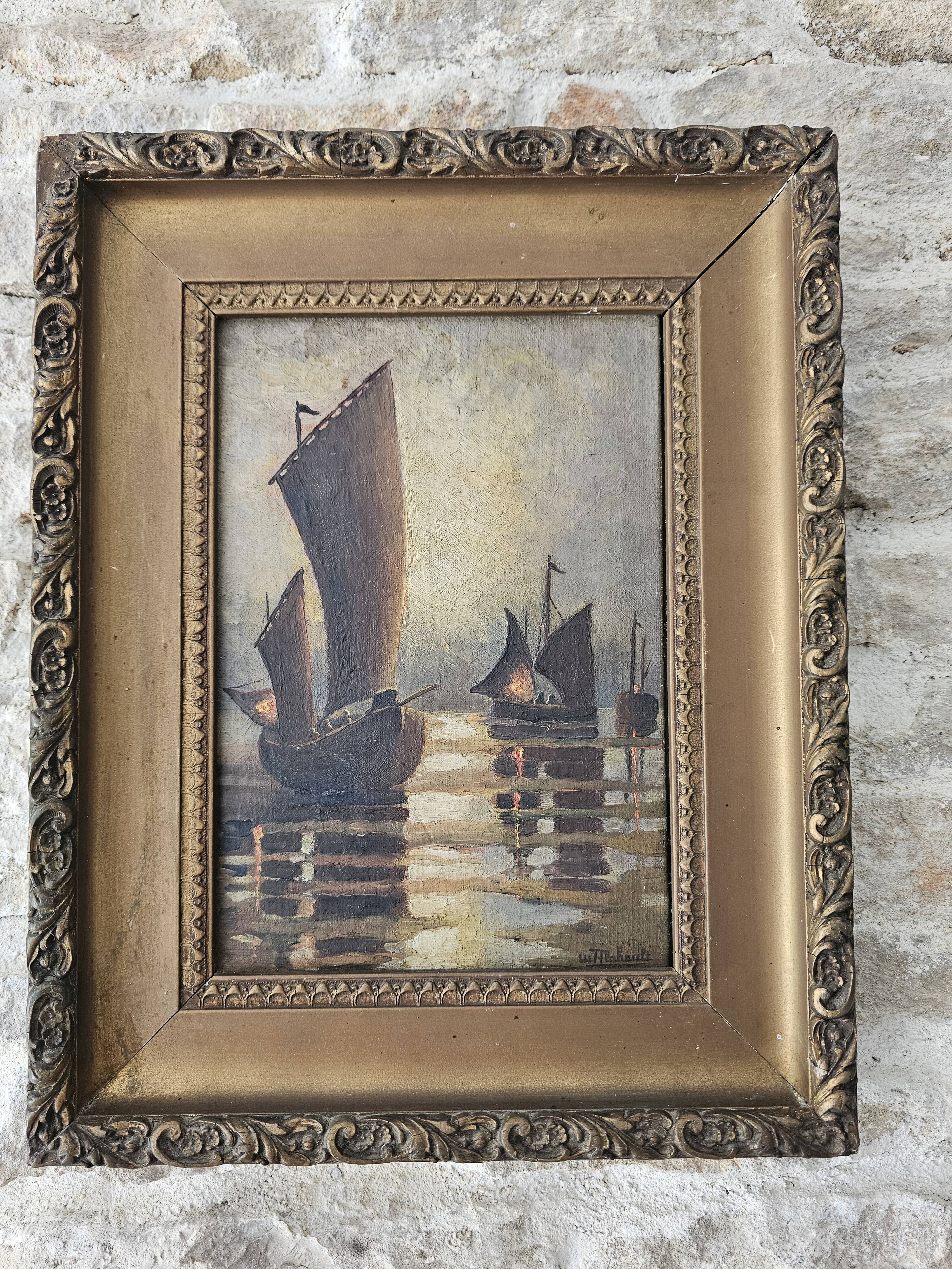 Oil Painting on Cardboard Landscape Sailboats Marine Early 20th Century - M.T. Flabault