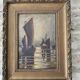Oil Painting on Cardboard Landscape Sailboats Marine Early 20th Century - M.T. Flabault