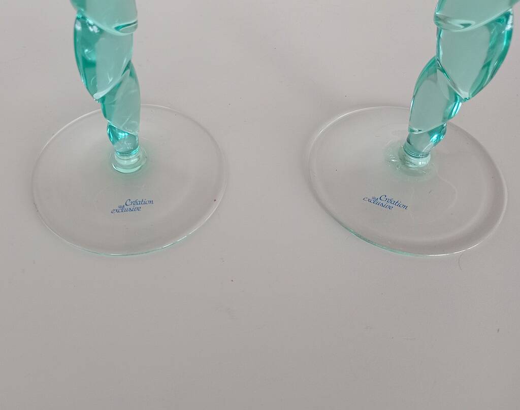 Pair of Vintage Postmodern Crystal Champagne Coupes with Organic Aqua Stems