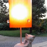 Vintage laying lamp, lying cat, orange plexi lampshade