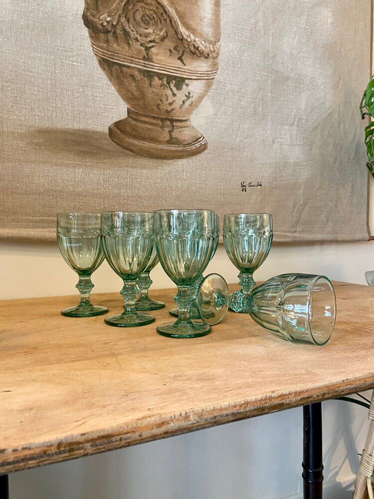 9 green molded glass glasses