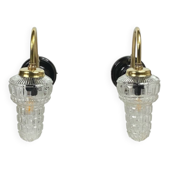 Large pair of old wall lights globe glass swan neck brass rosette porcelain LAMP-7169