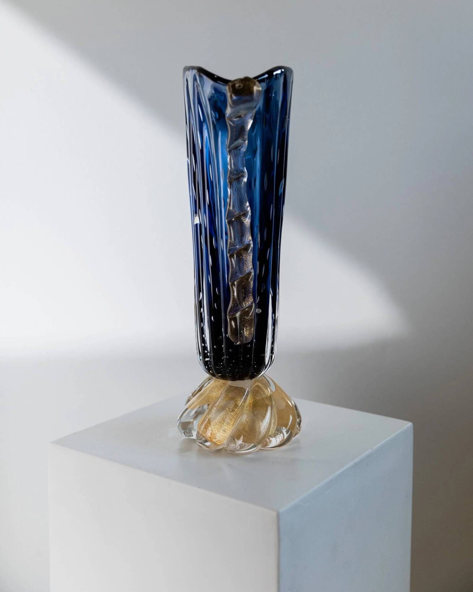 Vintage Murano glass vase by Barovier, royal blue with gold, 1960s.