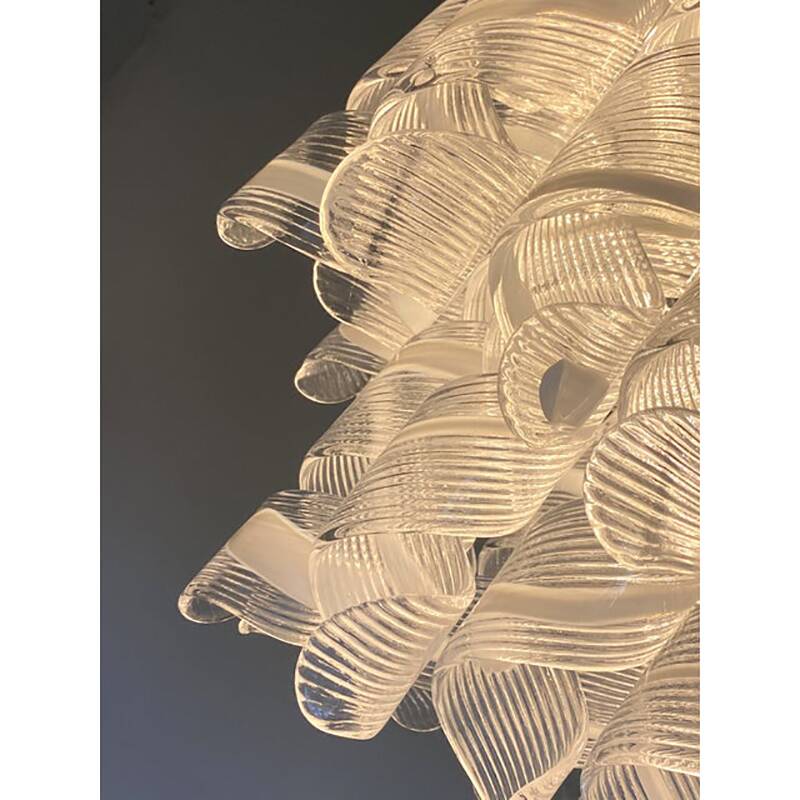 Contemporary Trasparent and White "Ricci-Curles" Murano Glass in Mazzega Style Squared Flush Mount