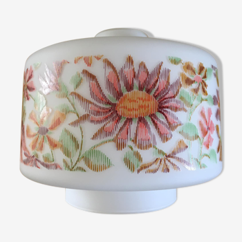 Lampshade in white opaline and screen-printed with floral patterns. 70s