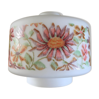 Lampshade in white opaline and screen-printed with floral patterns. 70s