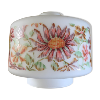 Lampshade in white opaline and silkscreened with floral patterns. Seventies