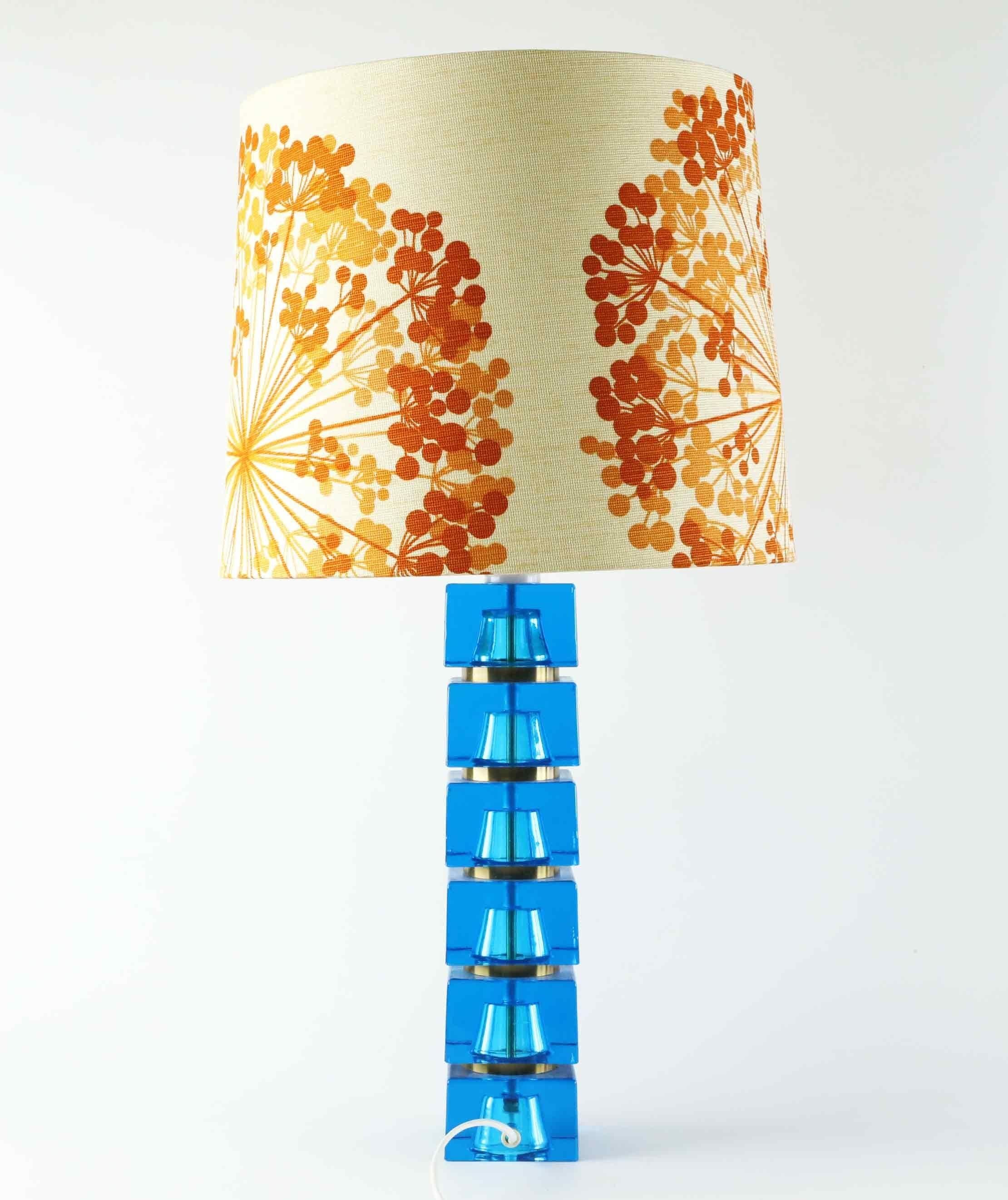 Carl Fagerlund table lamp for Orrefors blue glass and brass Sweden 1960