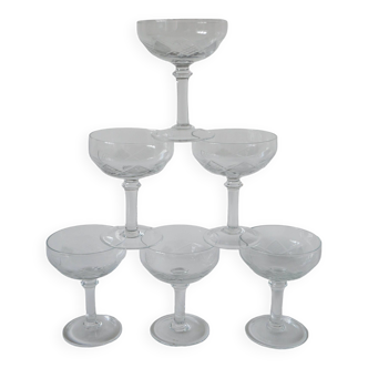 set of 6 large champagne glasses in geometric chiseled crystal 1950 12.5 x 9.5 cm